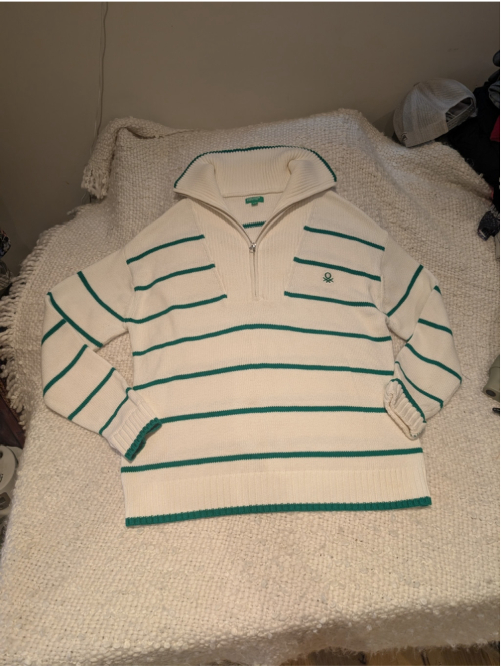 Women's United Colors of Benetton Striped Quarter-Zip Sweater, White/Green, L